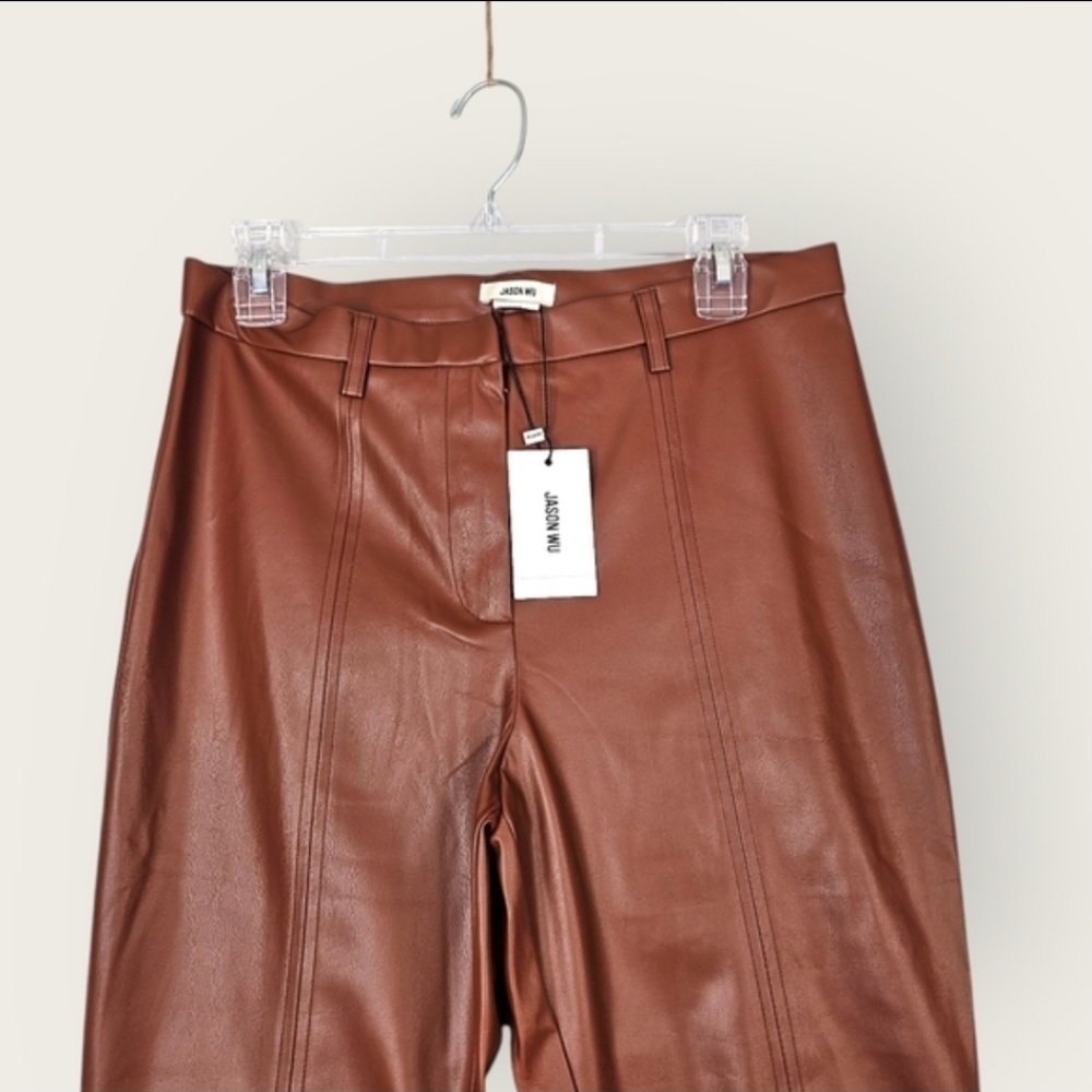 NEW Jason Wu High Rise Faux Leather Pant Slim Fit Slit Hem Caramel Medium - Picture 3 of 16
